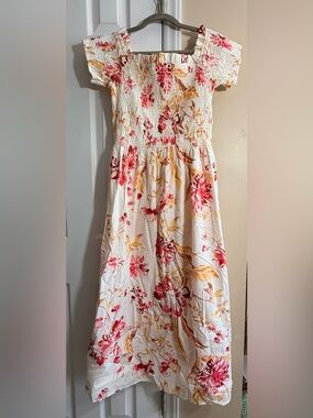 H&M White Floral Smocked Maxi Dress with Pink and Yellow Flowers